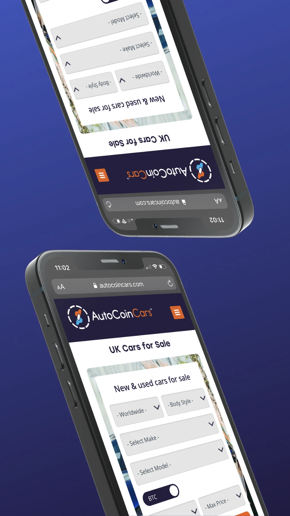 Two phones mirrored on a blue gradient, each showing the AutoCoinCars mobile car search with a BTC toggle