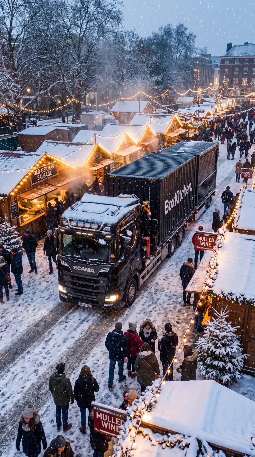 CGI concept render of a BoxKitchen lorry arriving at a snowy Christmas market lit with fairy lights