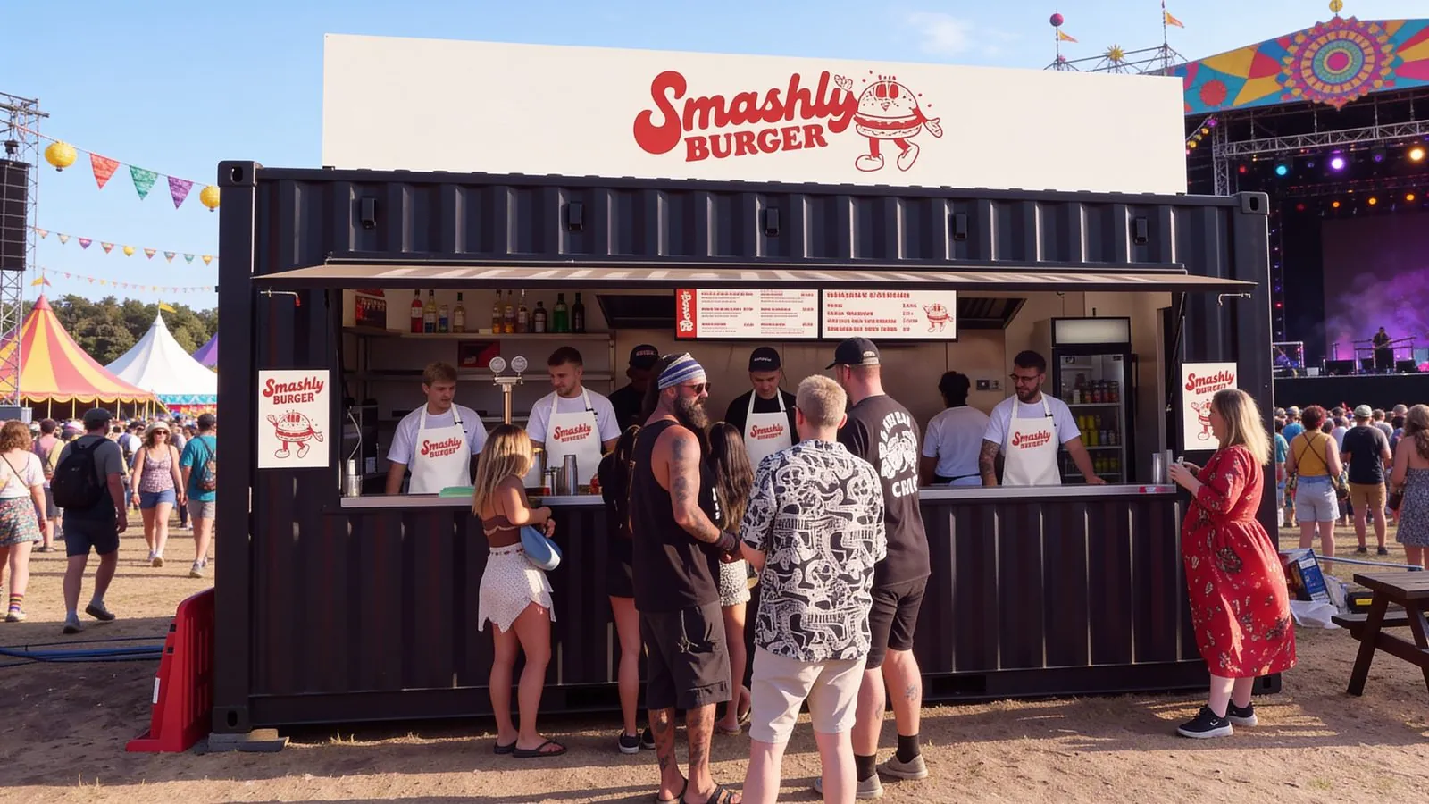 CGI concept render of a container unit trading as a burger bar at a festival, with a stage and bunting behind