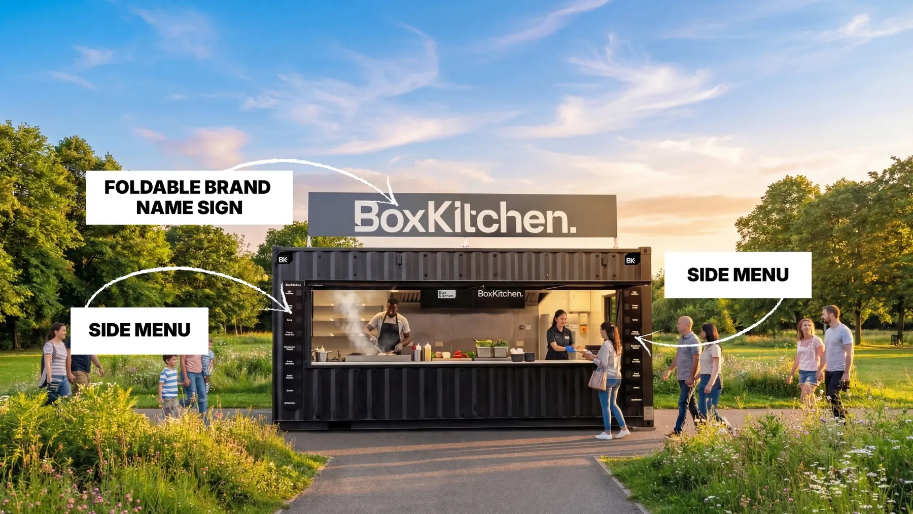 CGI concept render of an open BoxKitchen unit in a park with labels for the foldable brand name sign and side menus