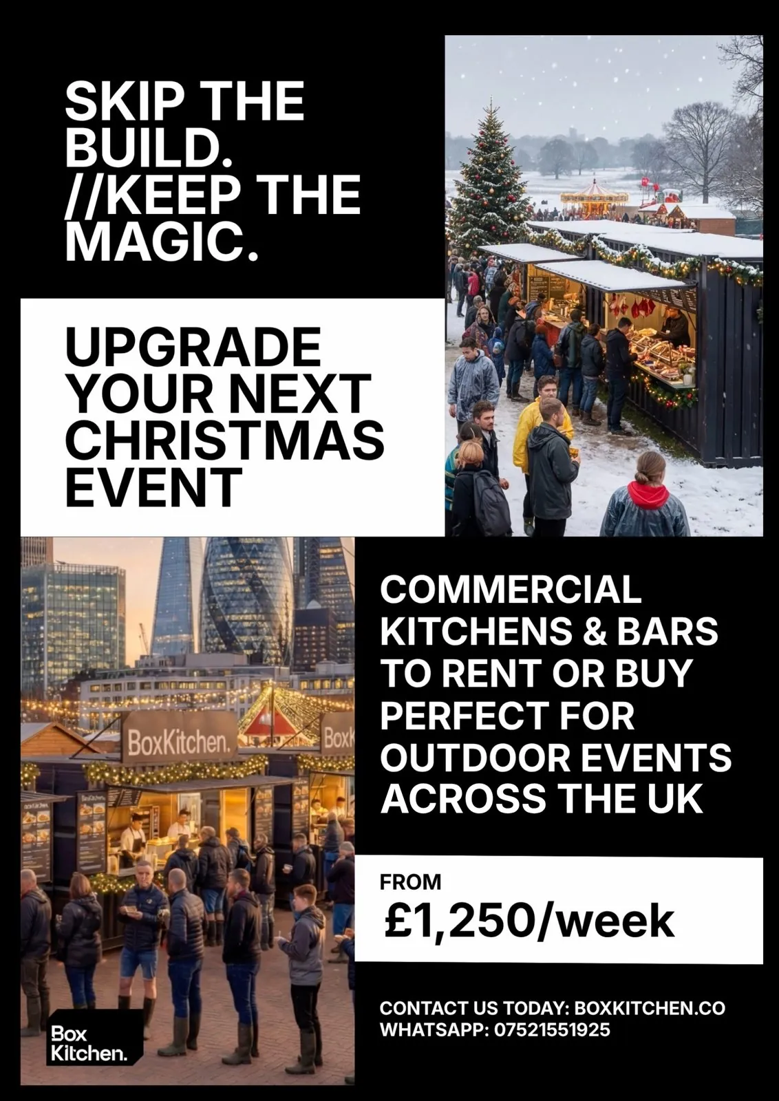 BoxKitchen Christmas campaign social graphic reading Skip the build, keep the magic, upgrade your next Christmas event, container kitchens and bars to rent or buy from 1,250 pounds a week