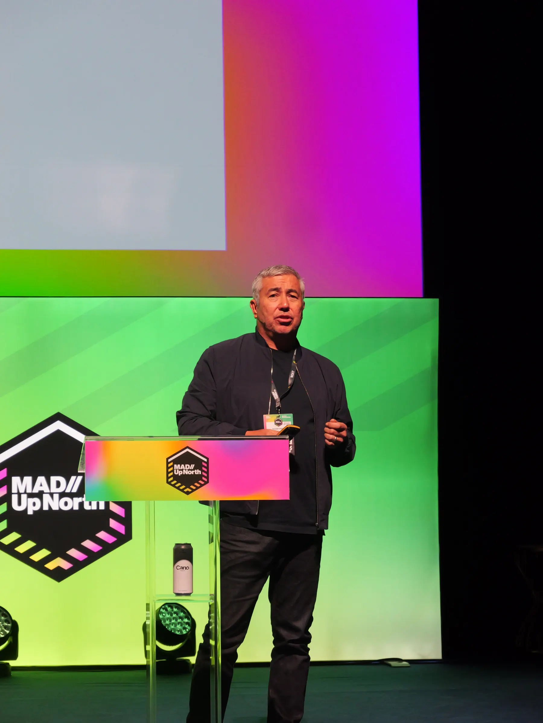 Roger Wade, founder of BOXPARK and now behind BoxKitchen, speaking on stage at MAD//Fest Up North
