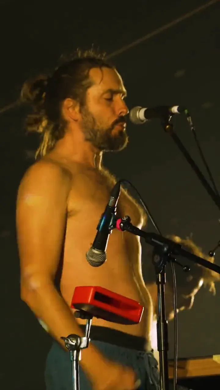 A shirtless singer at the mic on a dark Solfest stage