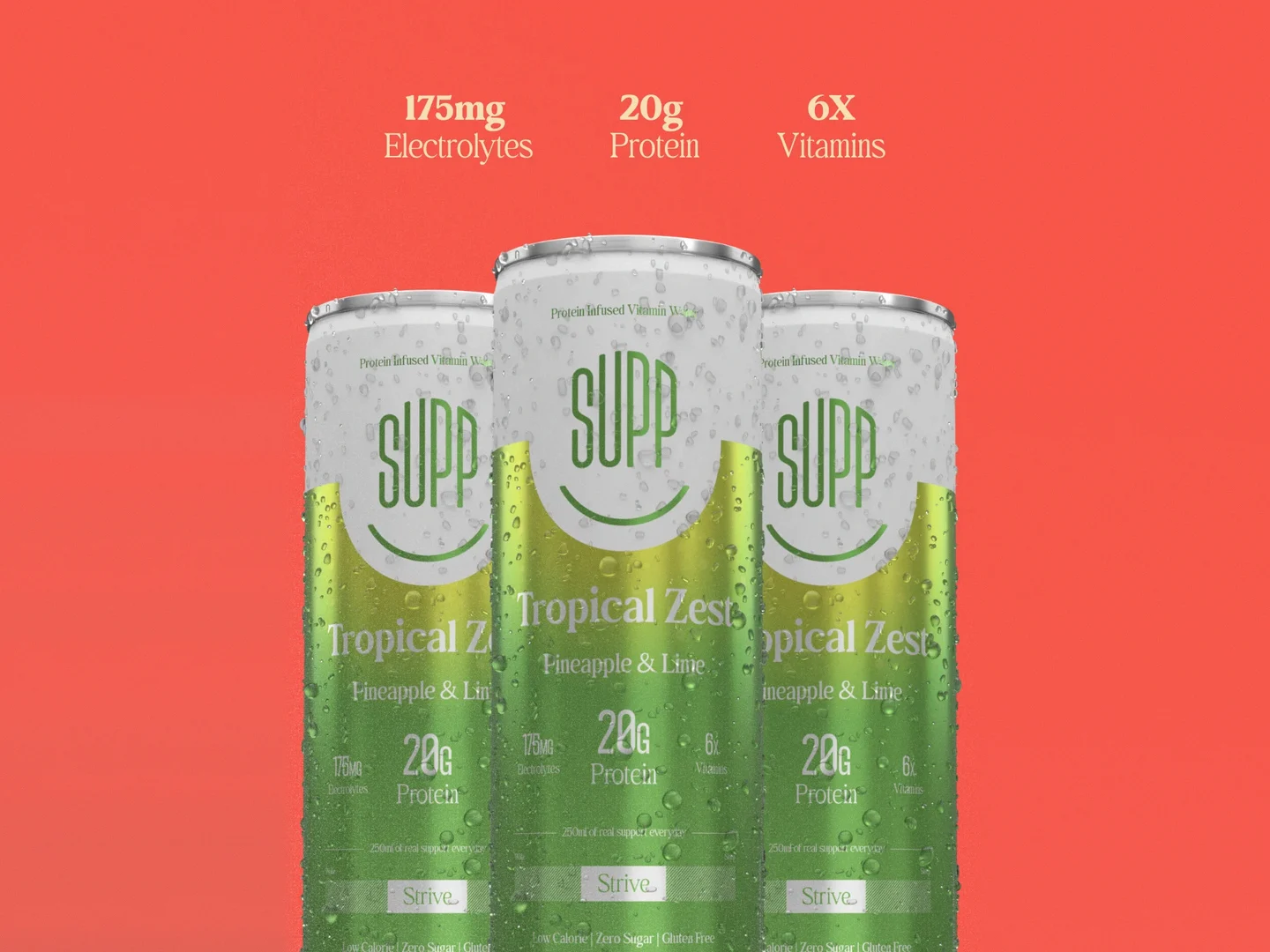 A live paid social ad for Supp: three Tropical Zest cans on bold red with the protein, electrolytes and vitamins stats