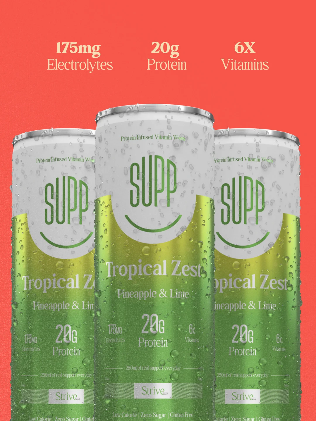 Three Supp Tropical Zest cans on a coral background with 175mg electrolytes, 20g protein and 6x vitamins