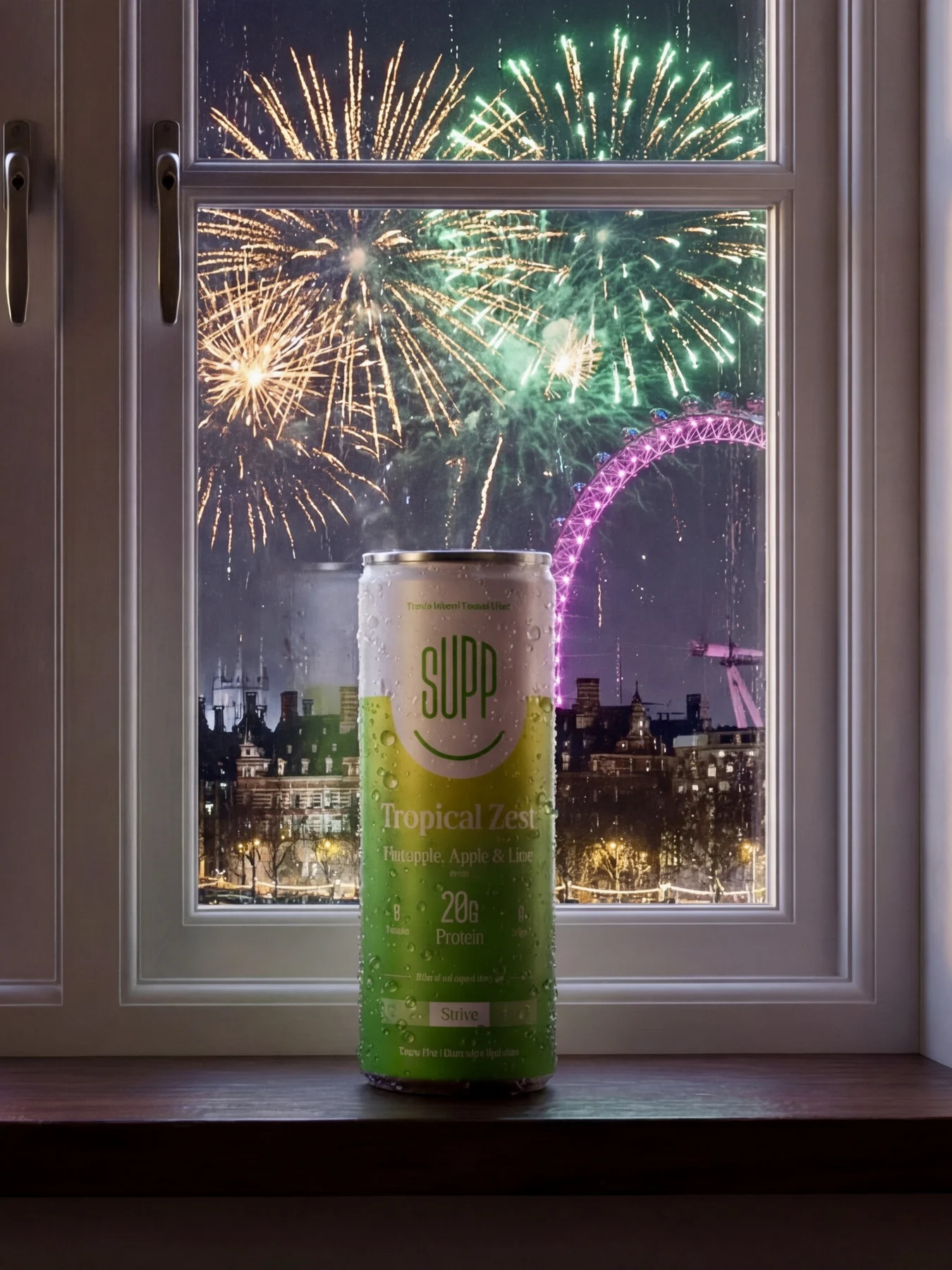 A Supp can on a window sill with London fireworks and the London Eye glowing outside
