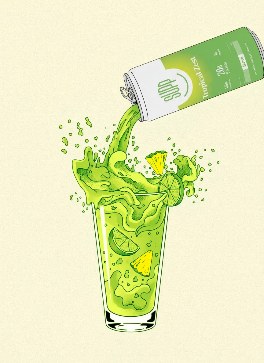 Illustration of a Supp can pouring bright green Tropical Zest into a glass with pineapple and ice